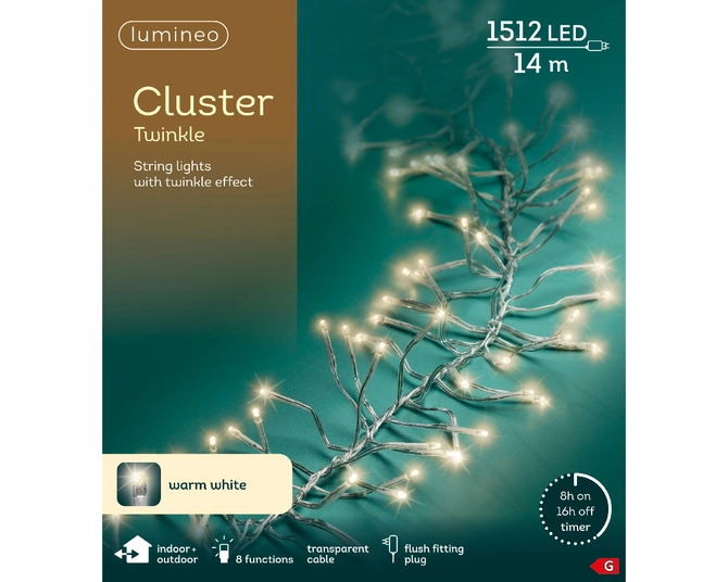 Cluster Twinkle 1512 LED String Lights Transparent/Warm White L1350cm - image 1