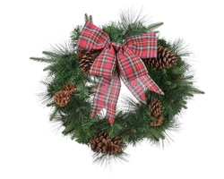Green Wreath 50cm with Pinecones & Tartan Bow - image 1