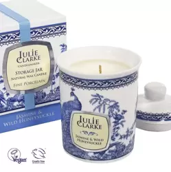 Julie Clarke Blue Peacock Storage Jar Candle Jasmine & Wild Honeysuckle