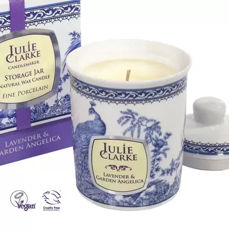 Julie Clarke Blue Peacock Storage Jar Candle Lavender & Garden Angelica