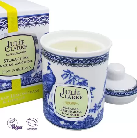 Julie Clarke Blue Peacock Storage Jar Candle Malabar, Lemongrass & Ginger