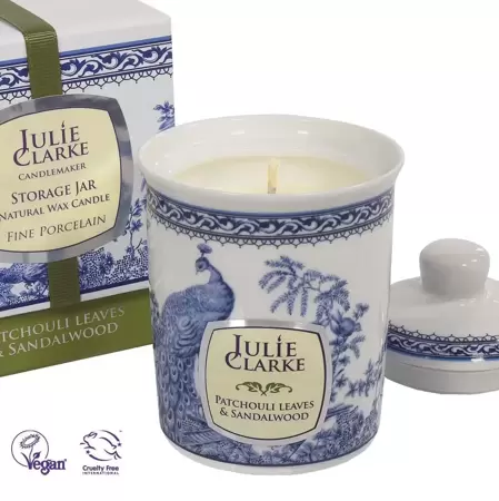 Julie Clarke Blue Peacock Storage Jar Candle Patchouli Leaves & Sandalwood