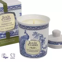 Julie Clarke Blue Peacock Storage Jar Candle Patchouli Leaves & Sandalwood