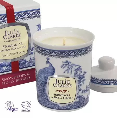 Julie Clarke Blue Peacock Storage Jar Candle Snowdrops & Holly Berries