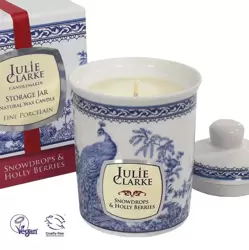 Julie Clarke Blue Peacock Storage Jar Candle Snowdrops & Holly Berries