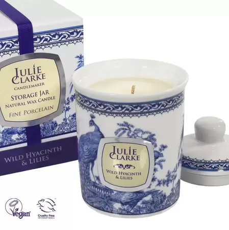 Julie Clarke Blue Peacock Storage Jar Candle Wild Hyacnith & Lilies