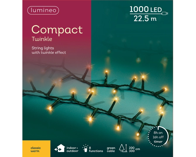 LED Compact Lights 2250cm-1000L | Classic Warm | 8-Function Twinkle Effect |Plug-In | Indoor & Outdo