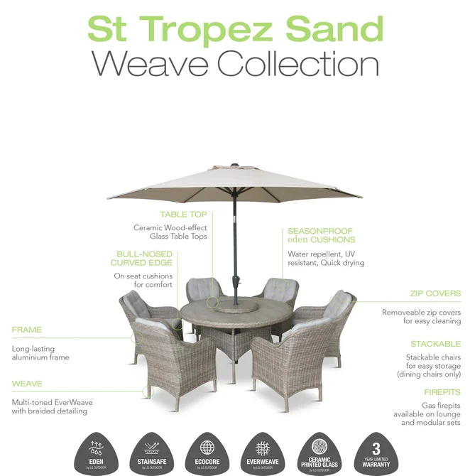 LeisureGrow St Tropez Sand 6 Seat Dining Set with Weave Lazy Susan and 3.0m Parasol - image 2