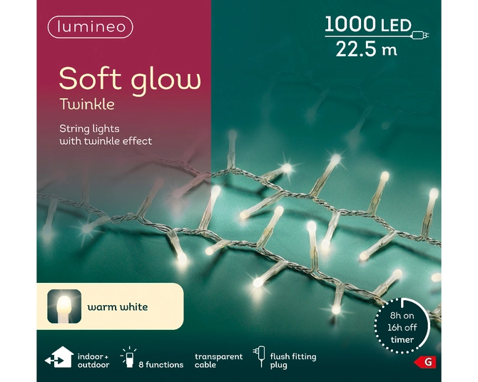 Soft Glow Twinkle 1000 LED String Lights Transparent/Warm White 22.5m - image 1